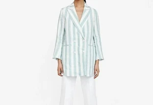 Zara Basic Womens Oversized Striped Blazer Jacket 100% Linen S Light Green & Whi - Picture 1 of 8