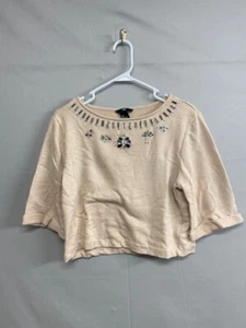 H&M Women’s Shirt Beige Beaded Neckline Short Sleeve Size Small - Picture 1 of 8