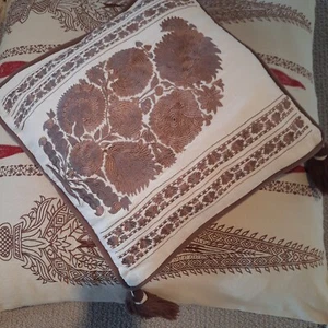 Decorative Embroidered Pillow Set with tassels - Tan Brown/Red - Picture 1 of 6