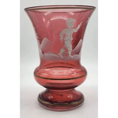 Jarrón vintage pintado a mano Mary Gregory arándano arte vidrio adorno dorado niño 6" Foto 1 de 4