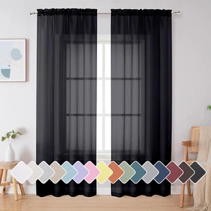 Black Sheer Curtains 84 Inches Long, Light Filtering Rod Pocket Solid Color Wind - Picture 1 of 12