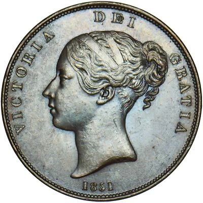 1851 Penny (Far Colon) - Victoria British Copper Coin - Very Nice - Image 1 of 2
