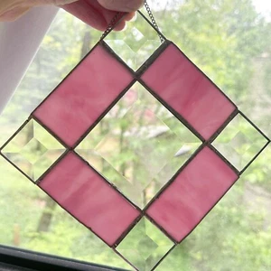Handmade Stained Glass Sun Catcher Diamond Pink Clear Rainbow Hanging Window - Picture 1 of 4
