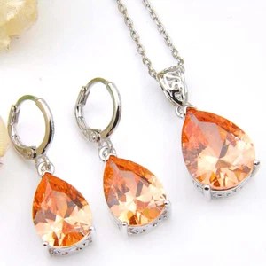 Conjunto de joyas navideñas gemas de morganita miel enchapado en platino colgantes pendientes - Imagen 1 de 7