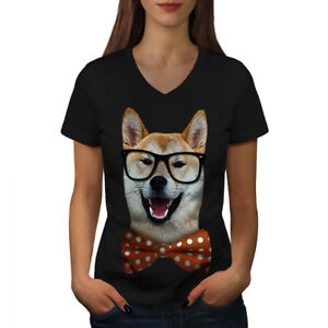 Wellcoda Smart Shiba Inu Hund Damen-T-Shirt mit V-Ausschnitt, scharfes grafisches Design