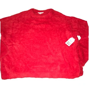 NEW 2XL RED FUZZY SWEATER Women Long Sleeve Pullover Stretch Soft Bright Tunic - Picture 1 of 11