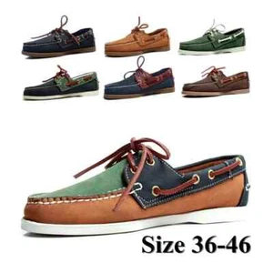 Men Genuine Leather Classic Boat Shoes Navy Blue Flats Loafer Casual Board Boots - Picture 1 of 54