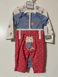 Preemie Baby Girl 3 pc Carter's Pants & Two Bodysuit Set Owl "Love" New w Tags - Picture 1 of 2