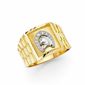 Mens Lucky Horseshoe Ring 14k Two Tone Solid Gold Square Herradura Oro Anillo - Picture 1 of 1