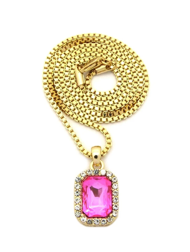 MENS GOLD SQUARE GEM ONYX EMERALD RUBY PINK YELLOWPENDANT BOX CHAIN NECKLACE - Image 1 of 1