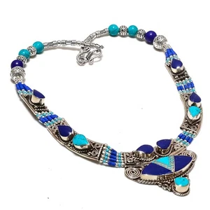 Turquoise, Lapis Lazuli Gemstone 925 Sterling Silver Jewelry AAA+Nepali Necklace - Picture 1 of 6