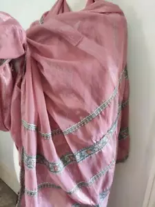 Vintage Siver Thread Embroidered SARI Semi Sheer Stripe - Picture 1 of 1