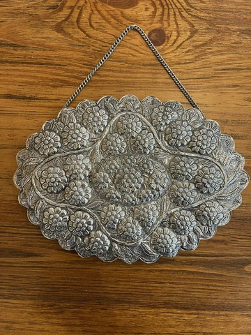 Turkish Ottoman Silver Wall Hanging Wedding Oval Repousse Floral Mirror Cover