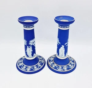 FINE WEDGWOOD BLUE JASPERWARE POTTERY CANDLESTICKS c1900 - Picture 1 of 12
