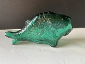 Vintage Glossy Green Fish Bottle Embossed Green Glass Beach House Shore Decor - Picture 1 of 7