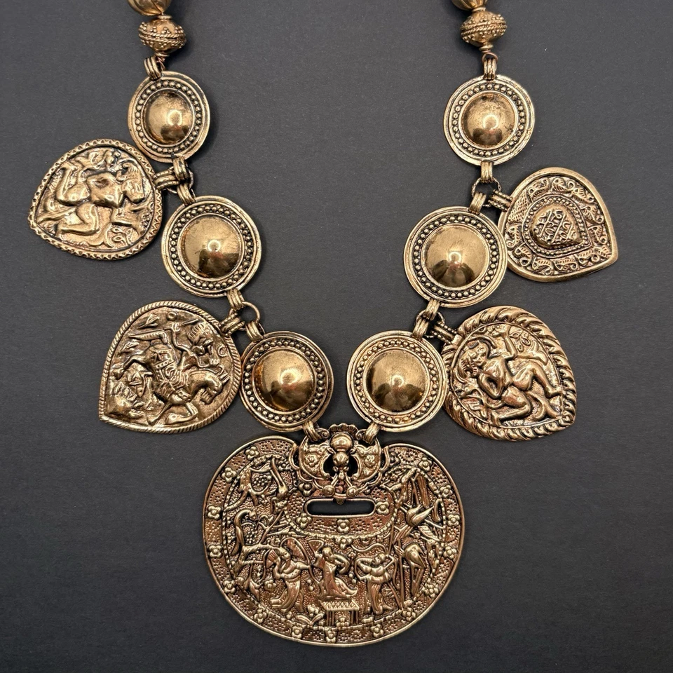 Amy Kahn Russell AKR Egyptian Queen Ethnic Bronze Charm Statement Necklace 19" - Image 1 of 4