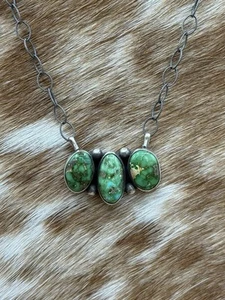 Navajo Handmade Sterling Silver Sonoran Gold Turquoise Cluster Bar Necklace 18” - Picture 1 of 3