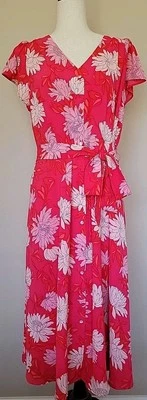 Talbots Womens Button Up Belted Midi Shirt Dress Sz 16 Floral Pink Bloomcore  - Image 1 of 4