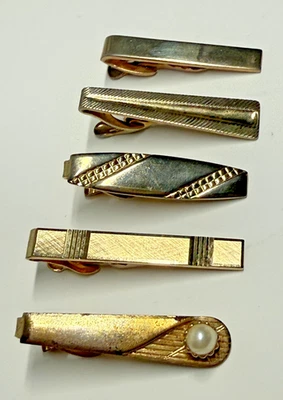 Lote de 5 clips de barra de corbata tono dorado de colección SWANK Hickock estilo minimalista 1 con perla Foto 1 de 4