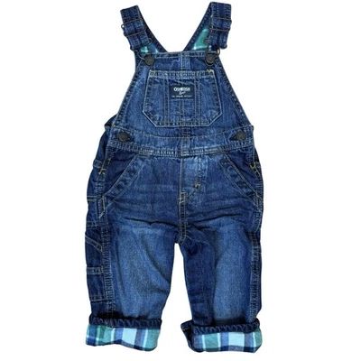 OshKosh B'Gosh Denim Bib Overalls Vestbak Size 9 Mos. Plaid Flannel Lining Blue - Image 1 of 4