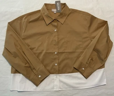 Camisa feminina Reaction Kenneth Cole âmbar ouro branco manga longa tamanho XL varejo $89 - Imagem 1 de 4