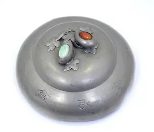 Antico coperchio contenitore barca oppio oppio cinese verde peltro arancione/rosso giadeite - Foto 1 di 12