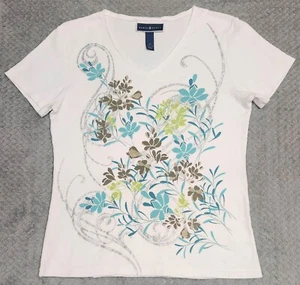 Karen Scott ~ Top de manga corta para mujer ~ Talla mediana ~ Blanco ~ Floral ~ Brillo - Imagen 1 de 7