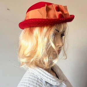 Vintage 60s Womens Red Wool Bowler Hat Orange Grosgrain Ribbon Netting Buttons  - Picture 1 of 7