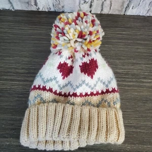 Beige Beanie Cap With Red Hearts, Large Pom - Womens Teen Winter Hat - Picture 1 of 5