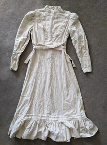 Vtg Edwardian Cotton Day Dress Lawn Lace Snap Talon Zip Linen Handmade Victorian - Picture 1 of 17