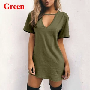 Sommer T-Shirt locker V-Ausschnitt hohl Kurzarm T-Shirt Kleid Tops Mode Damen - Bild 1 von 22
