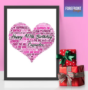 Personalised 40th birthday pink heart wordart print perfect Birthday/Anniversary - Picture 1 of 2