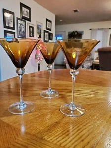 Amber Glass Smokey Brown Tall Set of 3 Martini 6.5" tall vtg Chocolate Martini - Picture 1 of 7