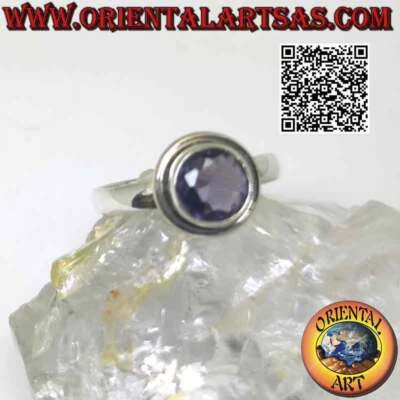 Anello in argento 925 ‰ ametista tonda sfaccettata rialzata con bordo liscio spo - Immagine 1 di 4