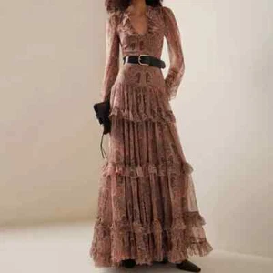 Casual Dresses Elegant V-neck Ruffled High Waist Evening Dress Fashion Printed - Picture 1 of 10
