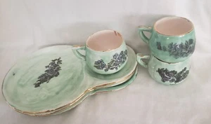 Lot of 3 Handmade Painted Art Deco Luncheon Snack Plate w/ Matching Cups Mugs - Picture 1 of 12