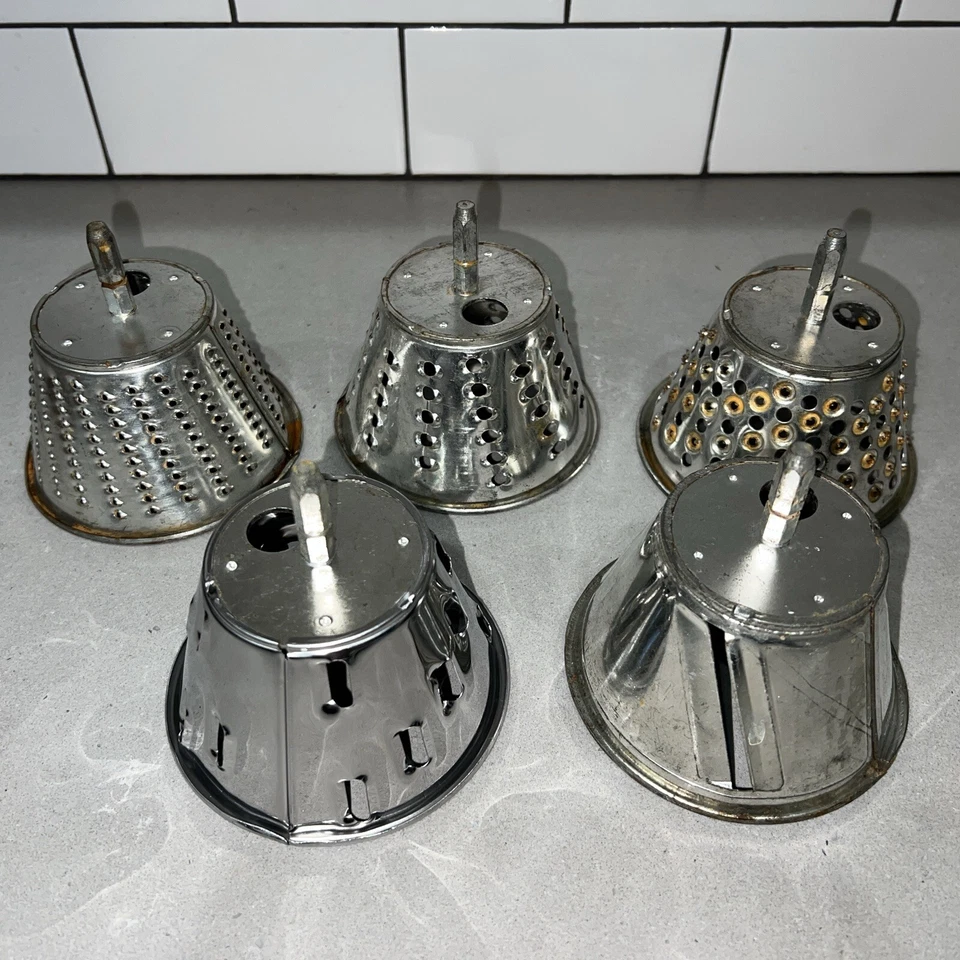 Lot of 5 Moulinex Model 308 Charlotte Inserts Shredder, Grinder, Grater, Slicer - Image 1 of 1