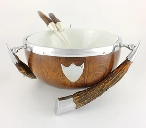 Antique English Oak, Deer Horn & Silver Plate Salad Trophy Bowl. Fruit Nut c1900 - Picture 1 of 14