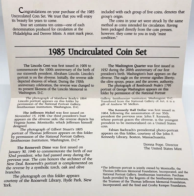 1985 United States Uncirculated Mint Set.  #14236 - Image 1 of 4