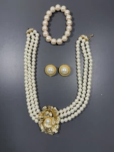 Vintage Faux Pearl Necklace, Earrings, Bracelet Set - Picture 1 of 5