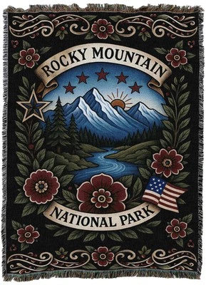 Rocky Mountain National Park Tattoo Style Blanket Woven from Cotton (72x54) - Image 1 of 4