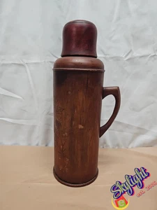 Vtg Chinese Wood Thermos Flask 13.5" Collectible Antique Carved Wooden Bottle - Picture 1 of 15