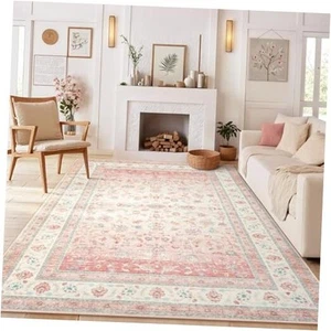 Pink Area Rug for Living Room, 8x10 Soft Washable Boho Floral Area Rugs, Non - Picture 1 of 8