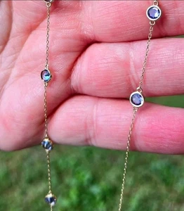 🦋18" REAL SOLID 14K YELLOW GOLD TANZANITE BY THE YARD BEZEL STATION NECKLACE - Picture 1 of 12