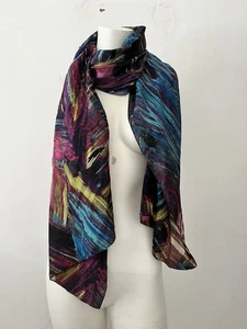Chicos Abstract Painting Brushstroke Yellow Blue Pink Scarf 100 Percent Silk - Picture 1 of 4