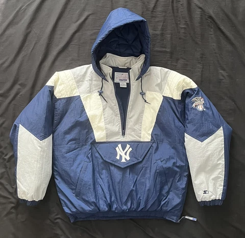 Vintage Starter NEW YORK YANKEES Hooded Half Zip Pullover Jacket XL Extra Large Cover