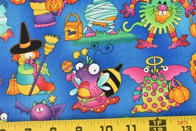 21" de largo, coloridos monstruos de Halloween sobre algodón azul, SSI/KidStuff/Strole, P6623 Foto 1 de 4