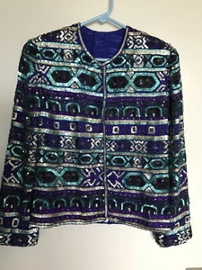 Sequin Disco Jacket Boho Tribal Graphic Pattern Vintage 80s 90s Glam Disco - Picture 1 of 4