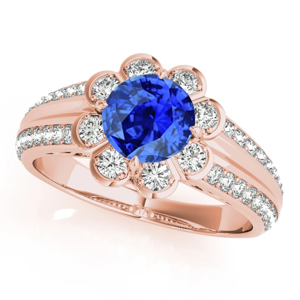 Anel de noivado de ouro maciço 14k halo tanzanita e diamante 1,25 quilates - Imagem 1 de 1