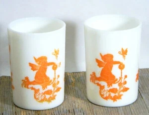 Vintage Milk Glass Tumbler Cups Cherub Angel Fairy White Orange 2 - Picture 1 of 7